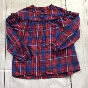 Madewell Red & Blue Plaid Ruffle Shirt